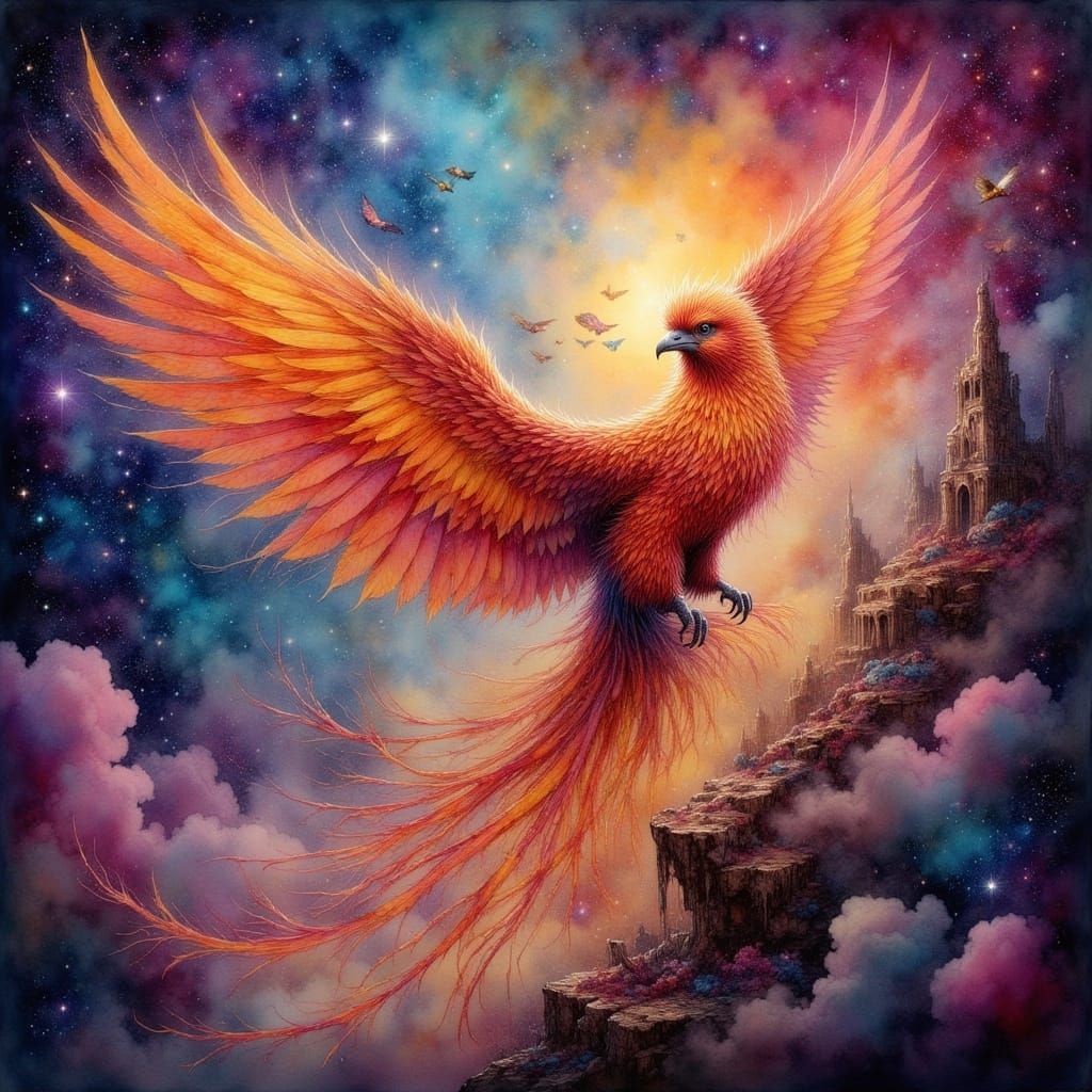 Cosmic Phoenix Rising in Fantasy Art Style