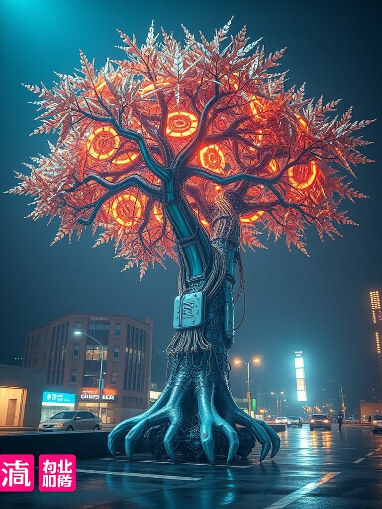 Futuristic Biomechanical Tree in Neon Cityscape