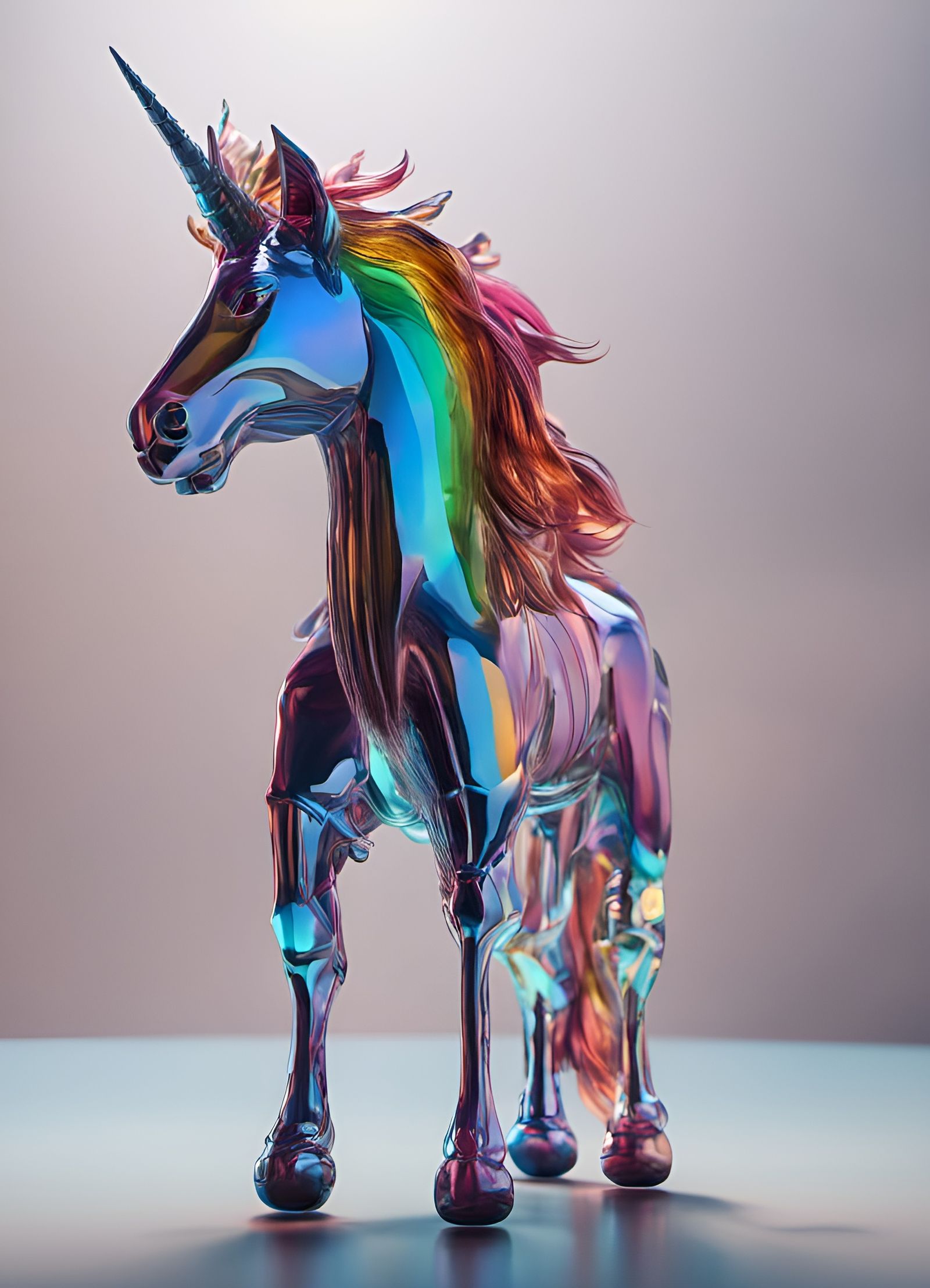 Reflective Glass Unicorn Sculpture: Conceptual CGI Art
