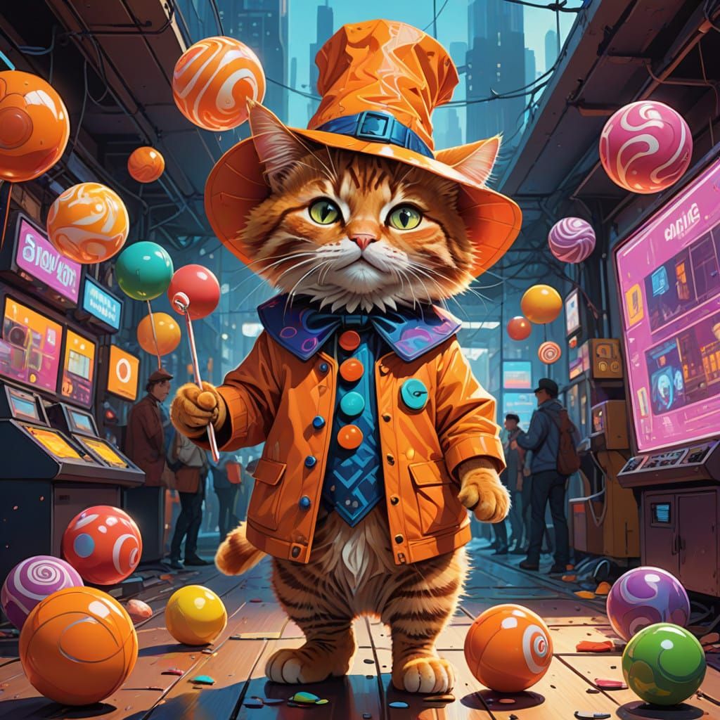 Vibrant Whimsical Jester Cat Juggles in Candyland