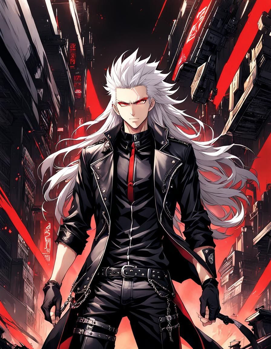 Anime Style Punk Rebel with White Curly Hair