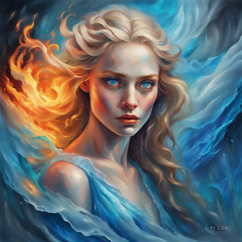Fiery Ice Queen Portrait in Ethereal Oil Painting