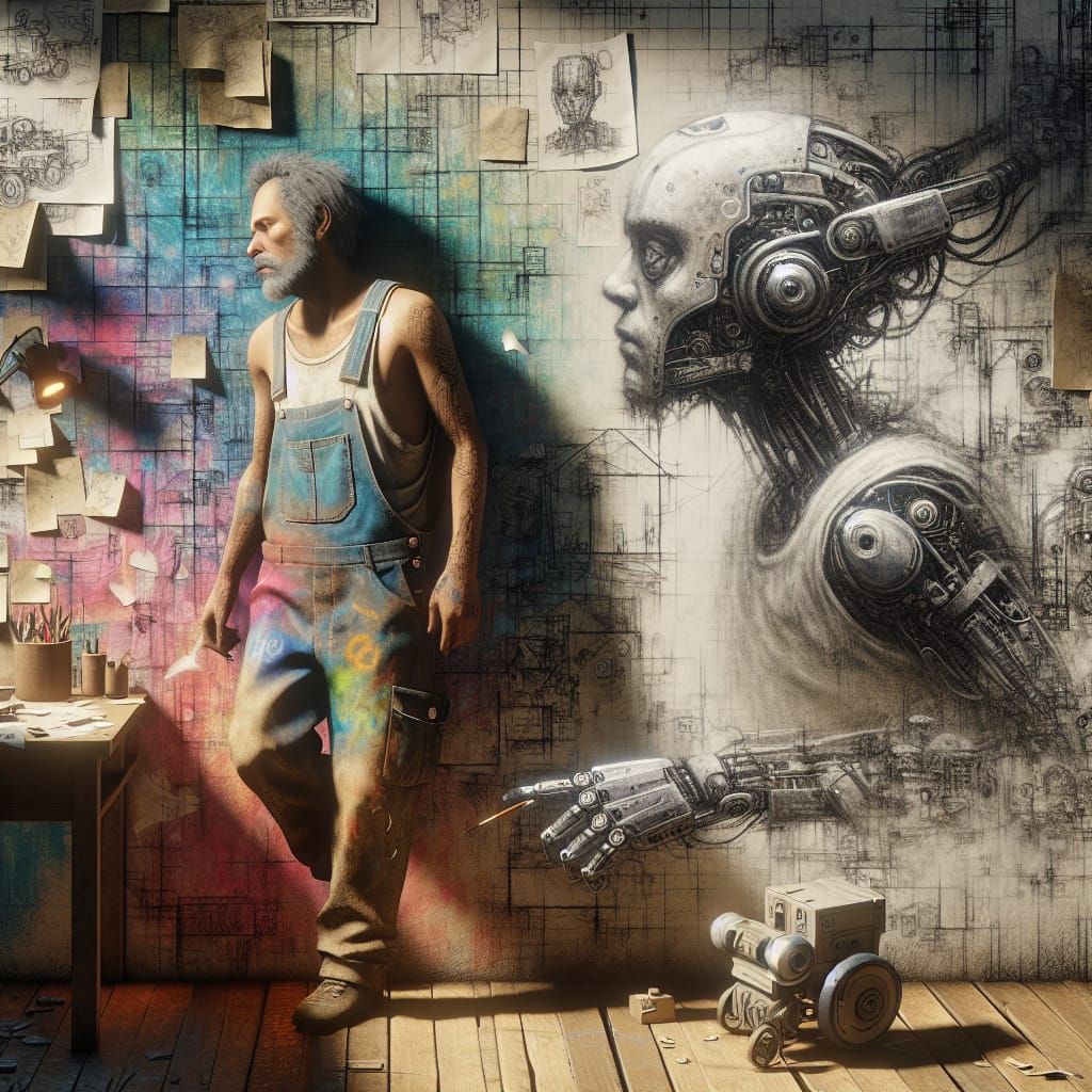 Urbanpunk Dreamscape with Half-Robot Mechanic