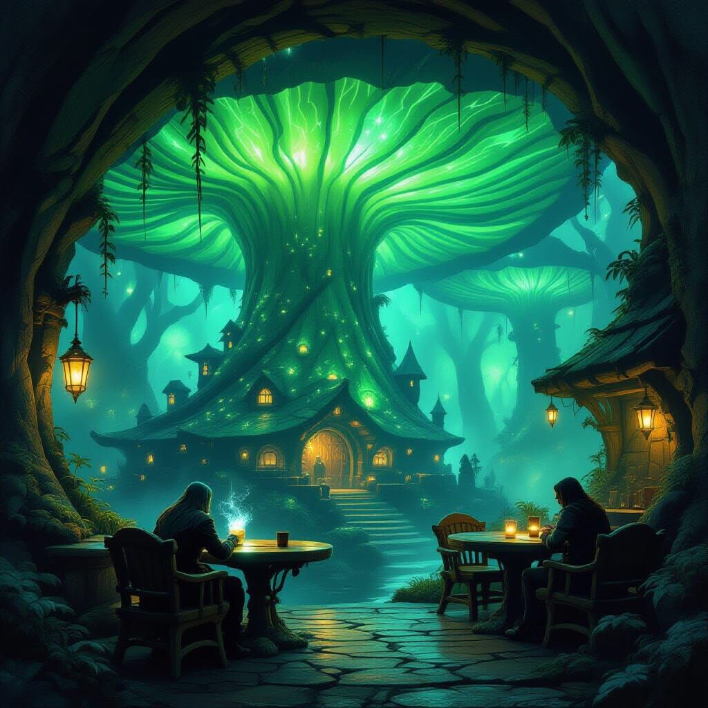 Traveler at Tavern in Glowing Mushroom Forest