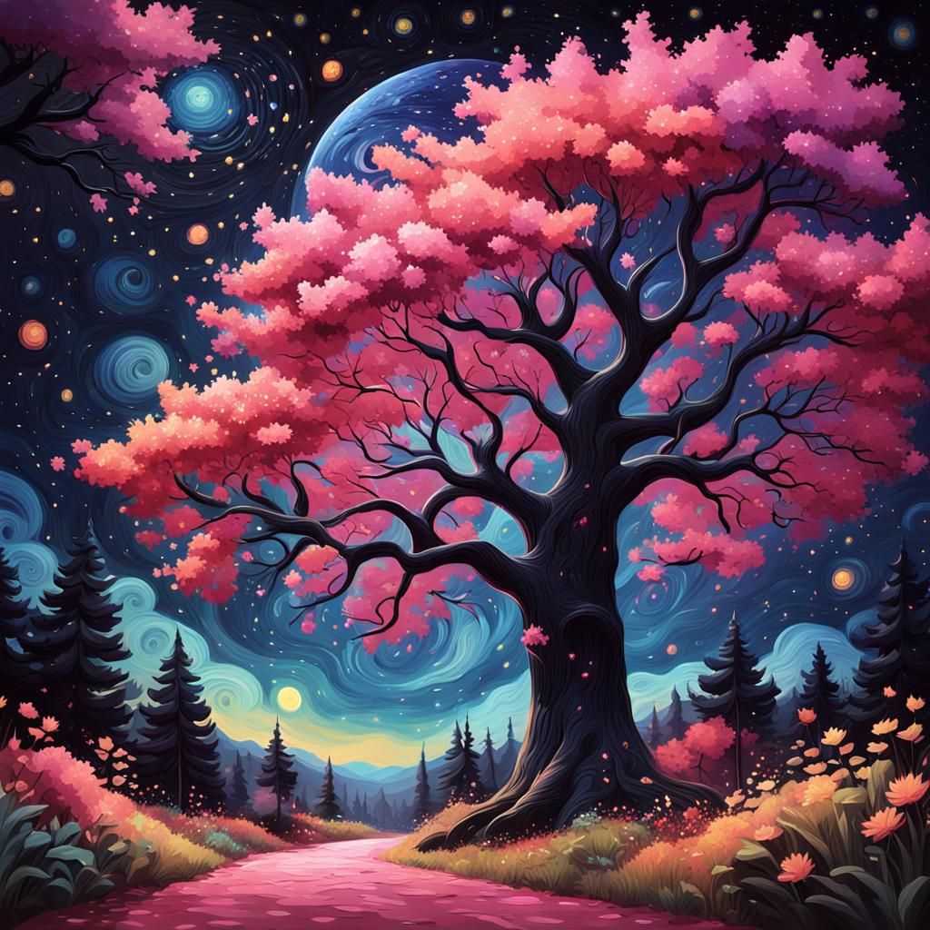 Pixar-Style Pink Landscape Under Starry Night
