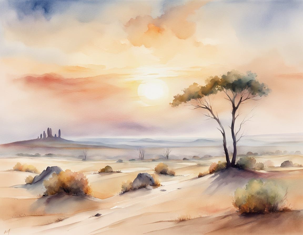 Desert Panorama in Soft Watercolour Hues