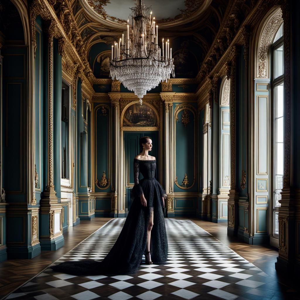 Elegant Woman Poses in Victorian Dining Room, Noir Style