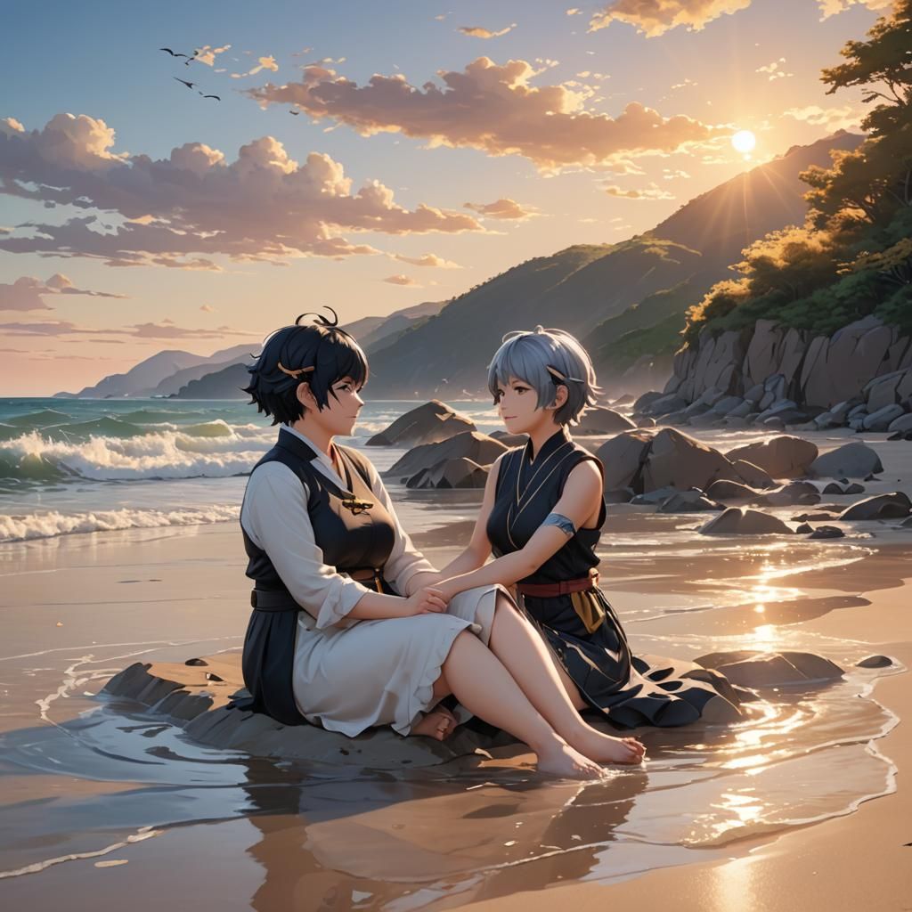 Serene Beach Scene in 3D Anime Art Style