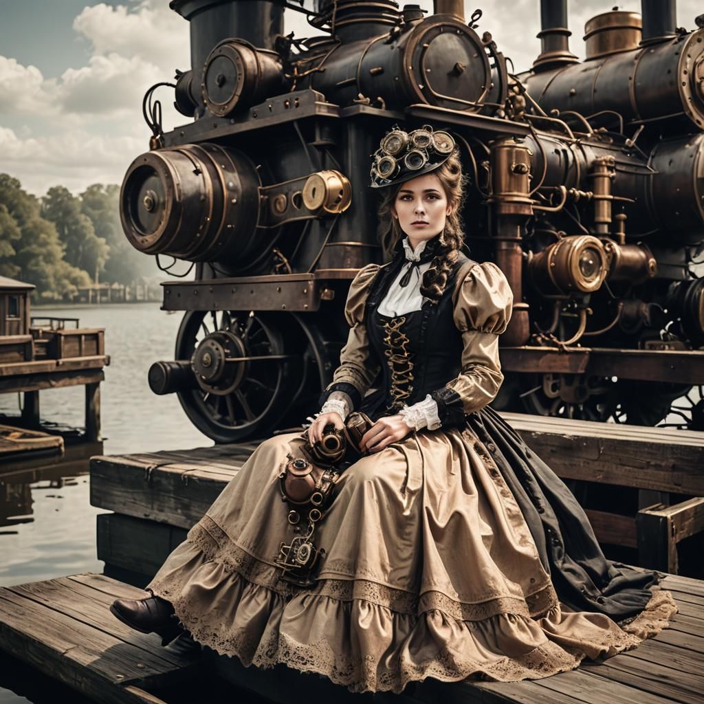 Victorian Woman with Steampunk Engine on Dock