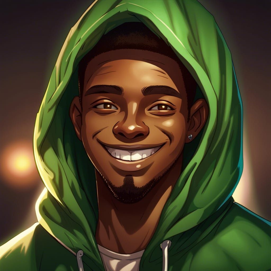 Anime Portrait of Smiling Man in Green Hoodie