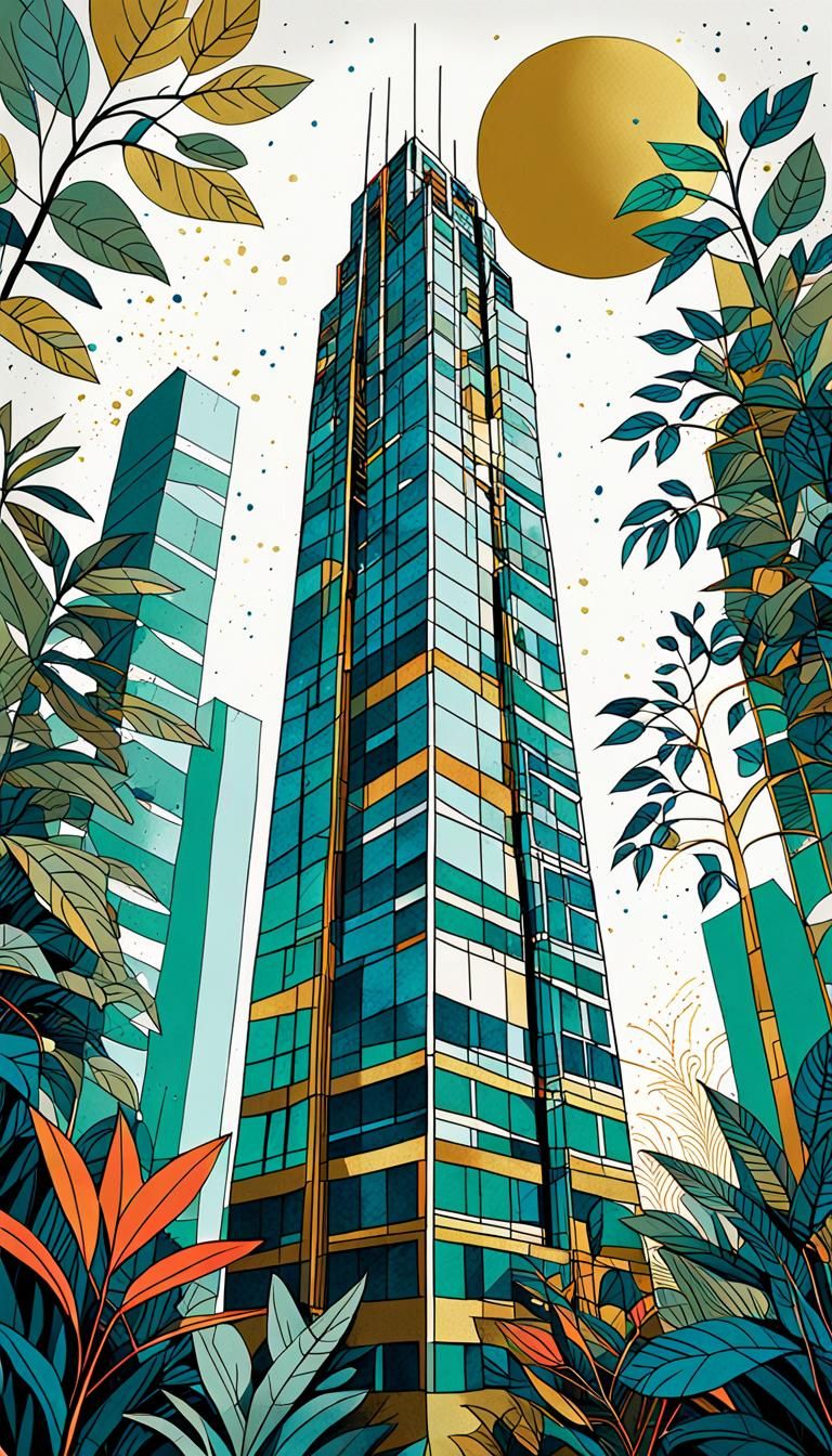 Geometric Bauhaus Skyscraper Amidst Vibrant Botanicals in Po...