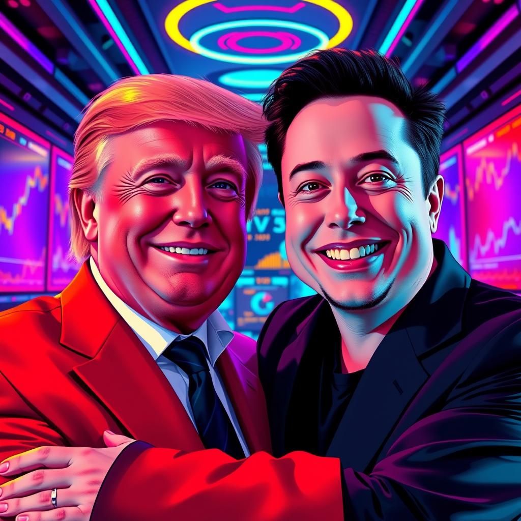 Trump and Musk Embrace in Retro Pop Art Style