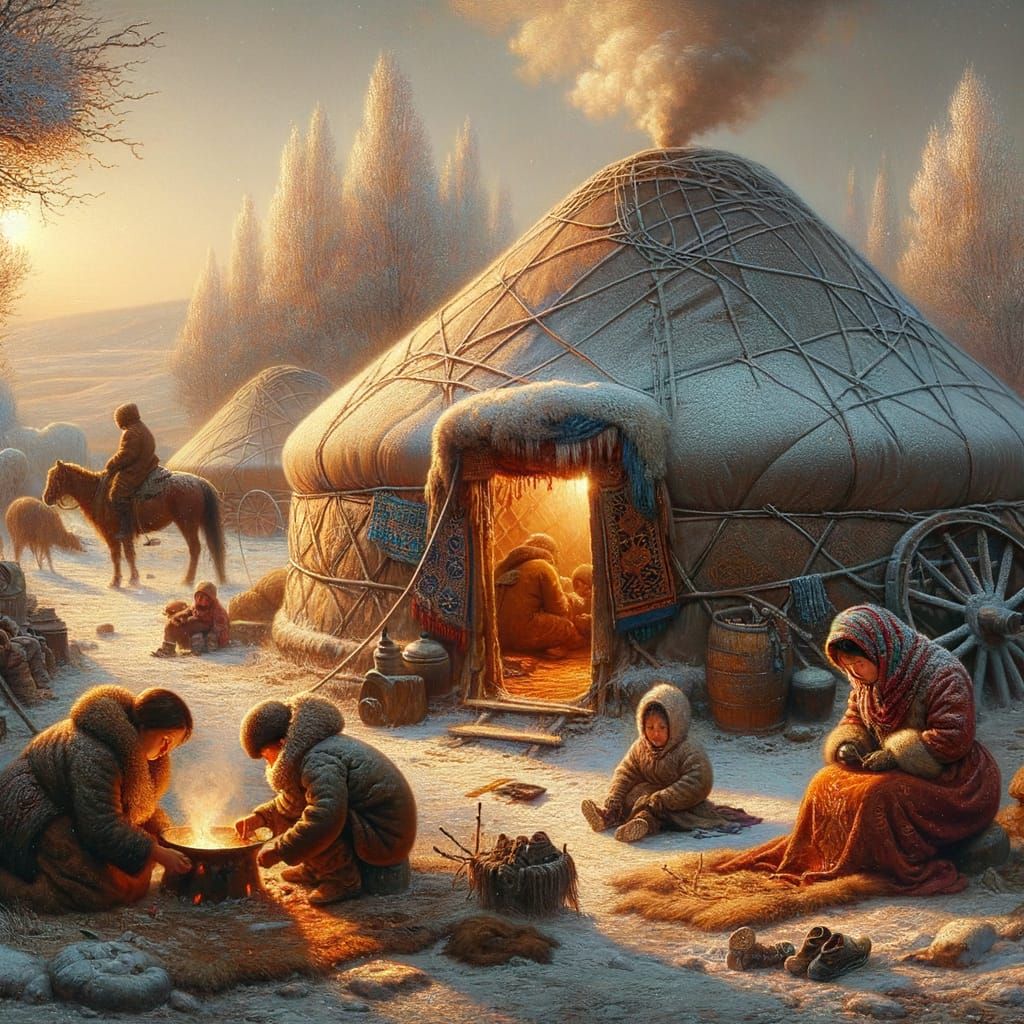 19th Century Kazakh Winter Scene Oil Painting of Social Ineq...