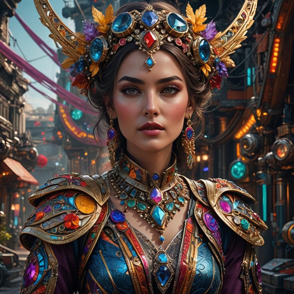 Beautiful Woman in Futuristic Jewelry: Hyperrealistic Portra...