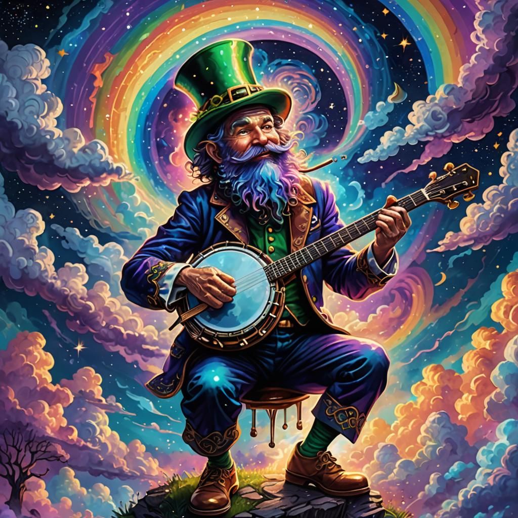 Cosmic Leprechaun Plays Banjo in Surreal Digital Art