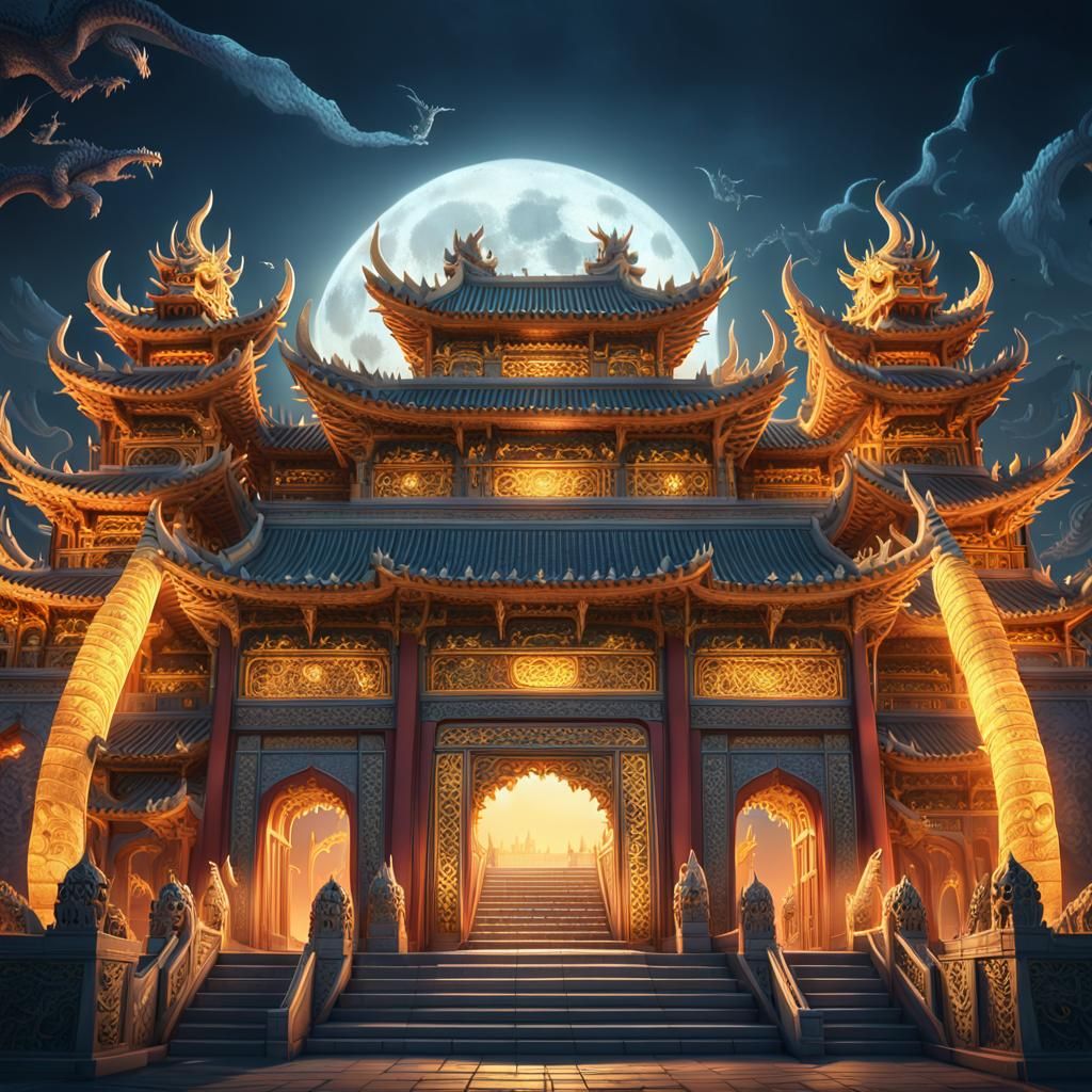 Dragon Palace Under Full Moon: Fantasy Architecture