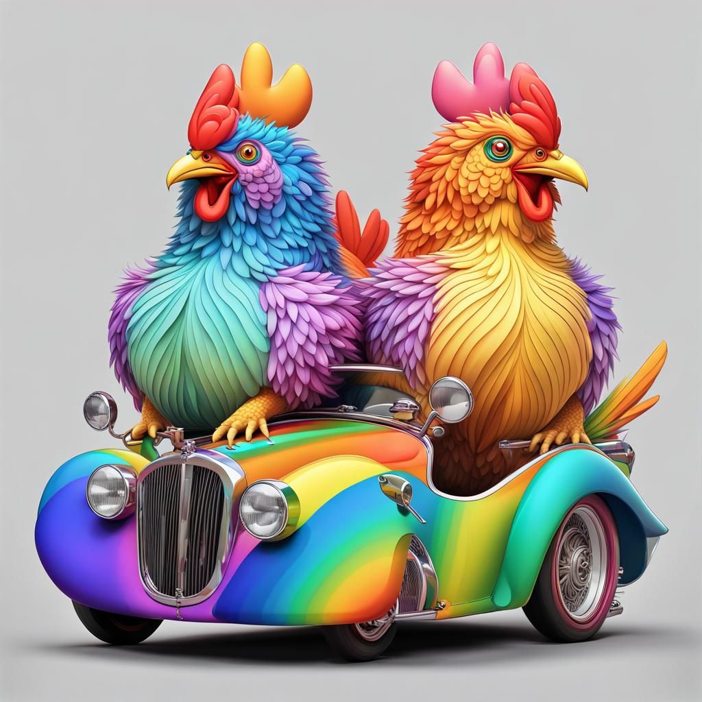 Rainbow Chickens in Sports Car: Anime Cartoon Style