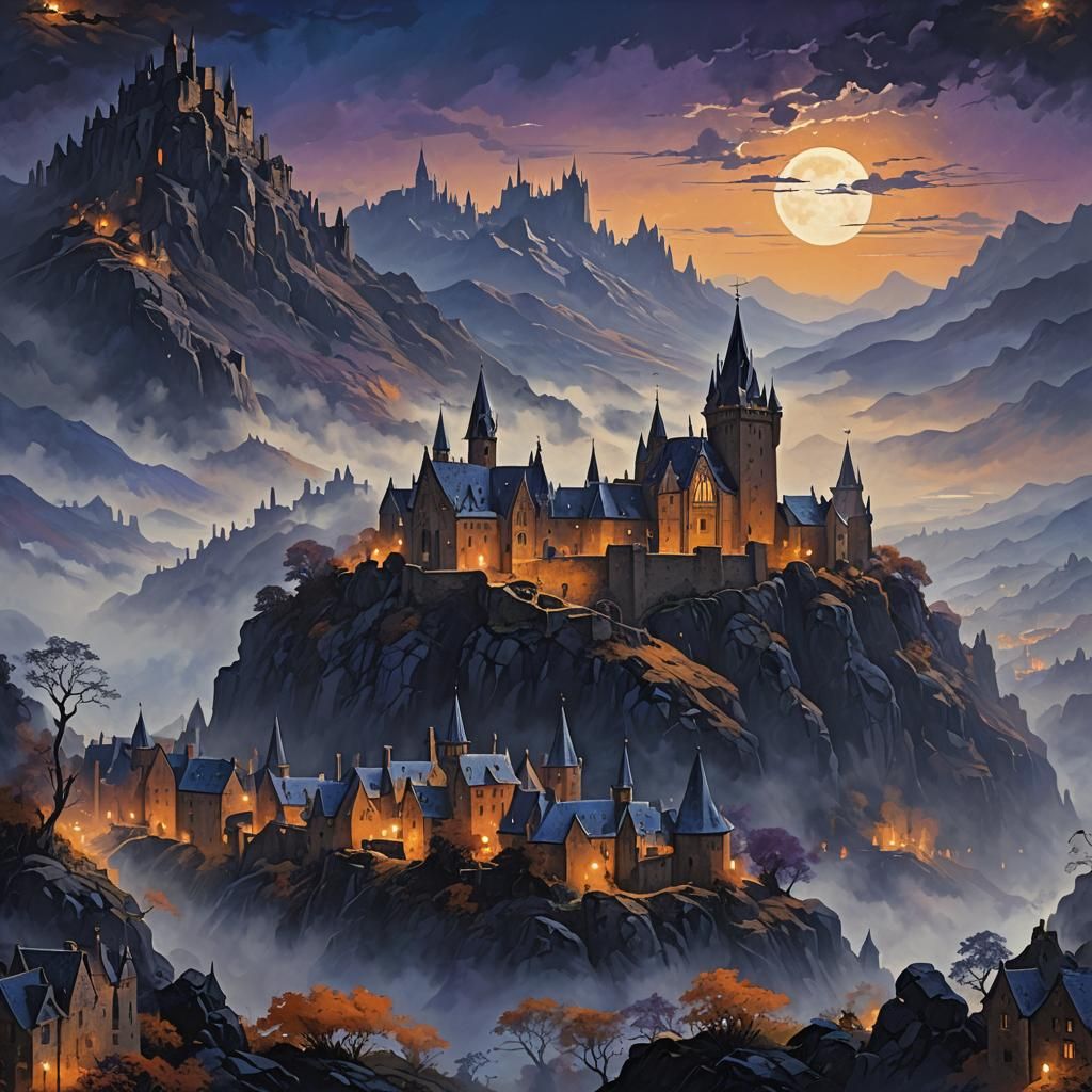 Moonlit Medieval Village in Hudson River School Style