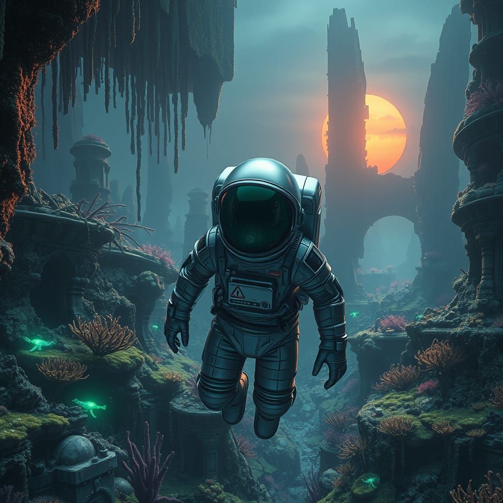 Astronaut in Ruined Underwater City with Coral