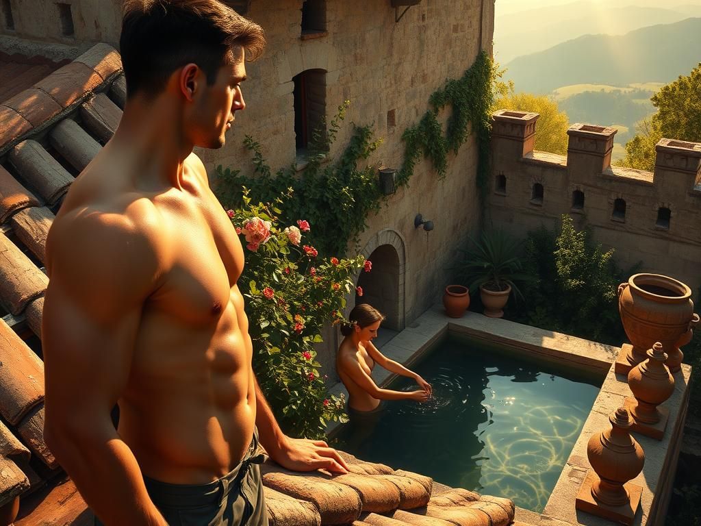 Medieval Rooftop Scene in Chiaroscuro Style