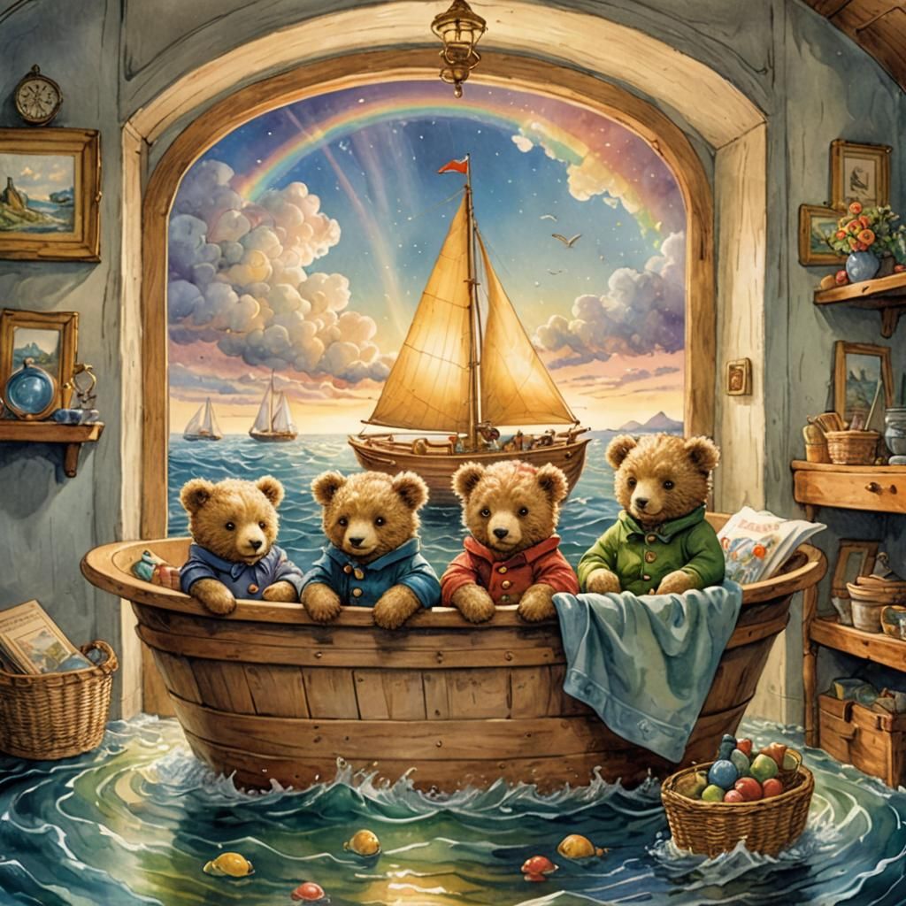 Rainbow Teddy Bears Sailing the Sea: Cozy Illustration