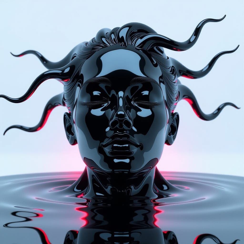 Hyper-Realistic 3D Face Sculpture in Liquid Metal Style