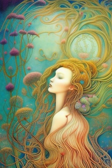 Woman in Surreal Sun and Moon Clouds, Fairytale Art