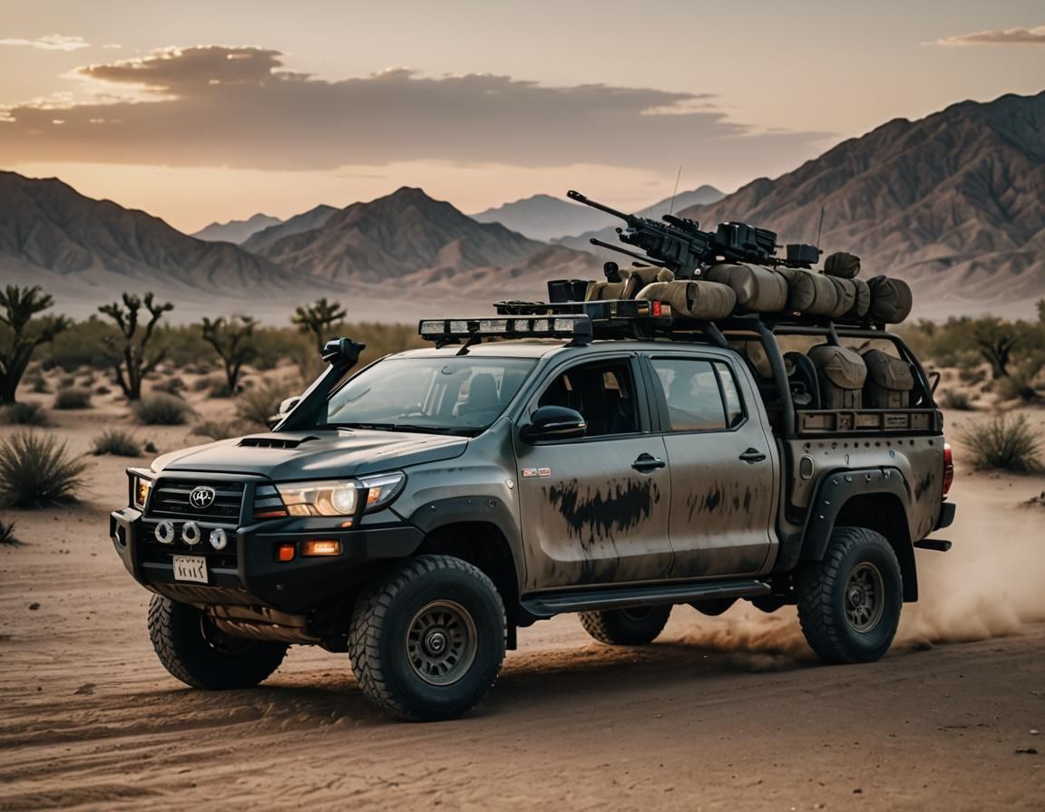 Armored Toyota Hilux in Desert at Dusk