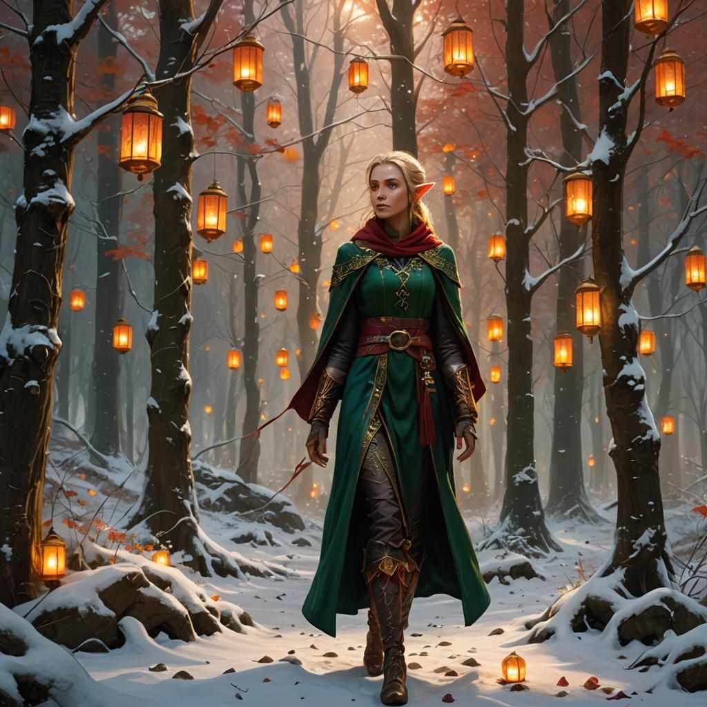 Elf in Autumn Forest with Snow, Fantasy Art