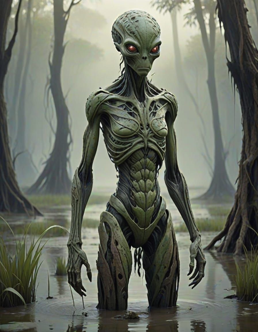 Alien Figure in Otherworldly Swamp