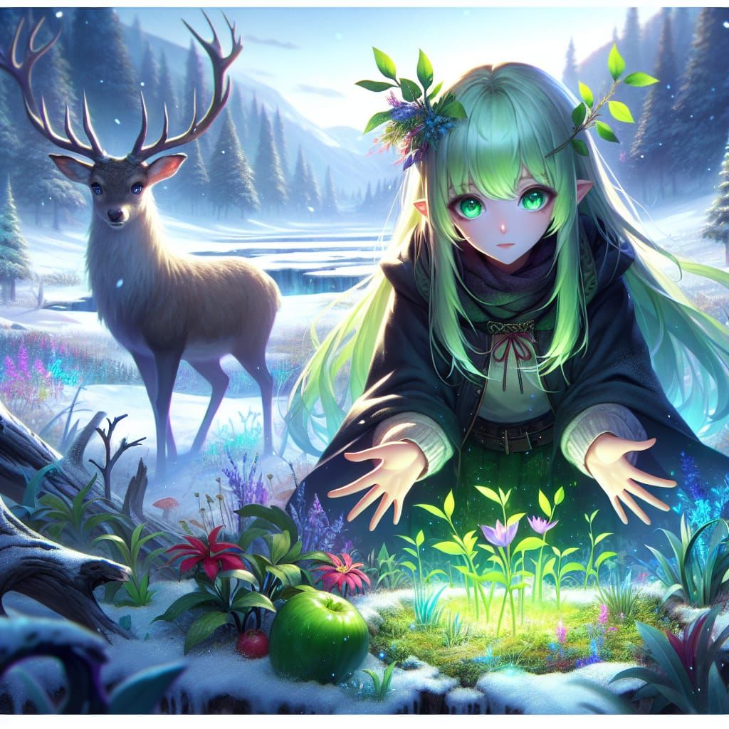 Anime Druid Conjures Spring in Frozen Field