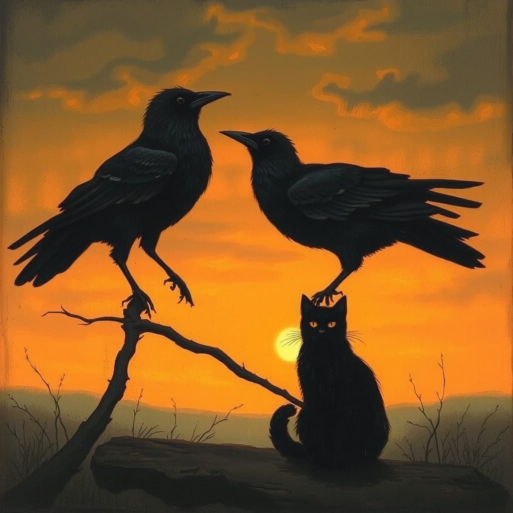 Two Crows and Black Cat Silhouetted at Sunset