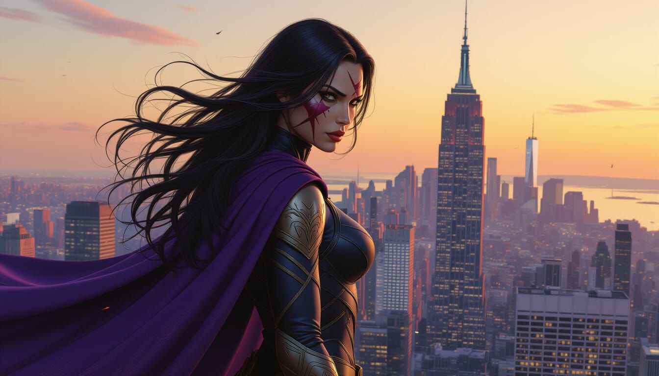 Female Superhero Scarred, Skyscraper View, Dark Fantasy Art