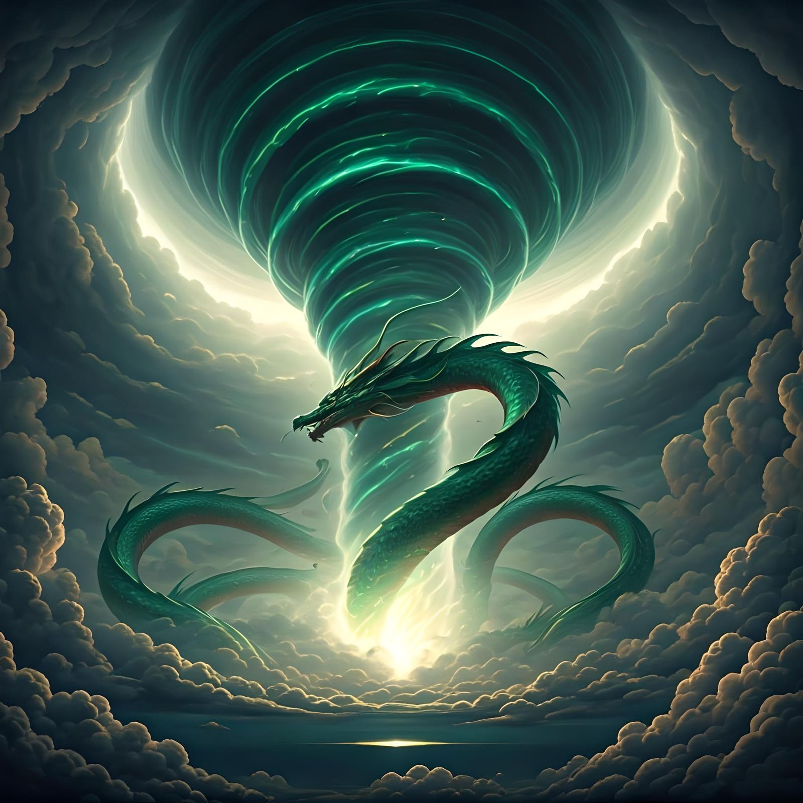 Wind Dragon Soaring Through Tornado in 3D Render