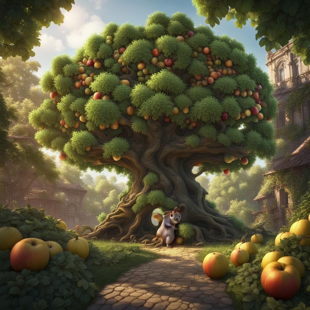 Lush Fruit Tree with Squirrels: Fantasy Concept Art