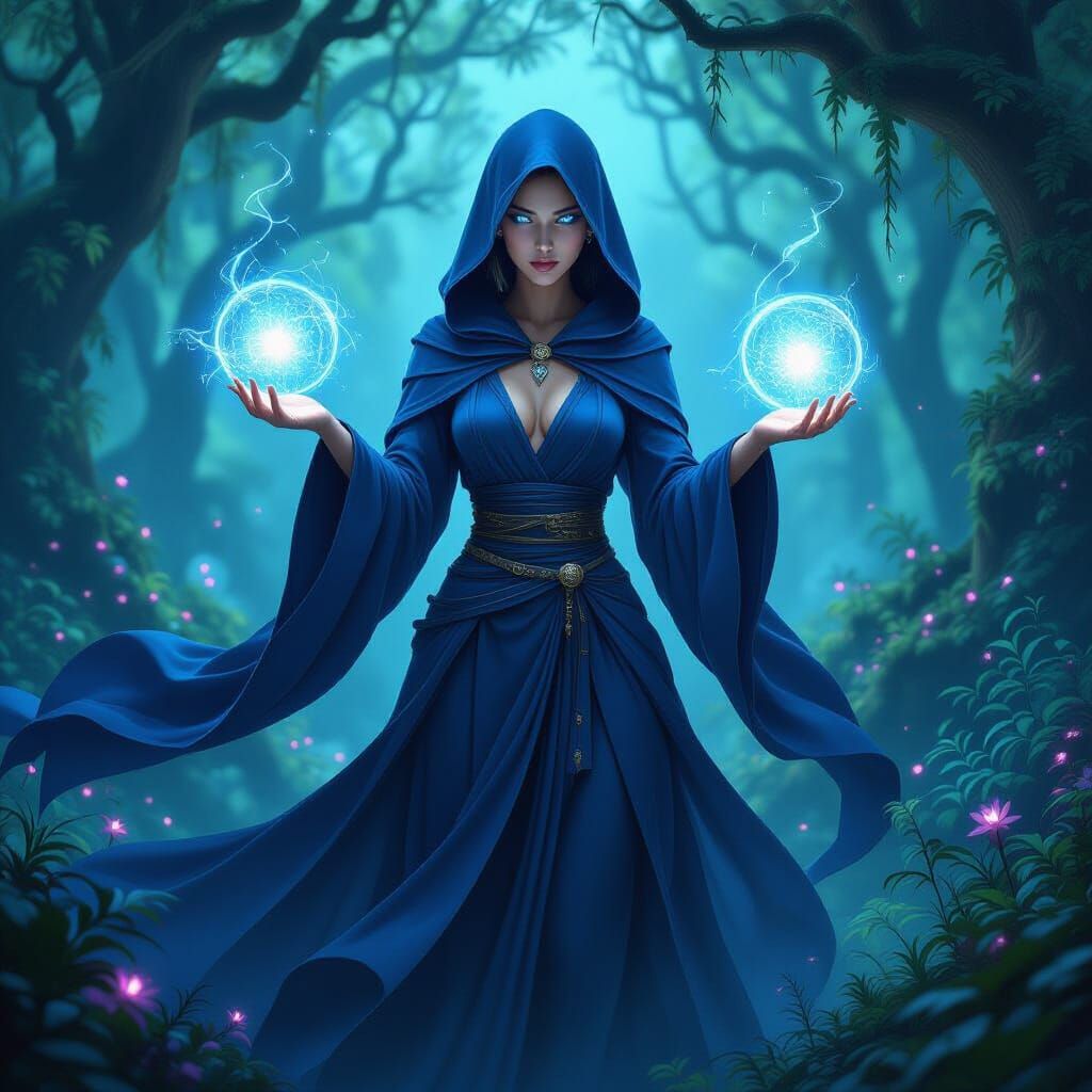 Mystical Sorceress Conjuring Orbs in Enchanted Forest