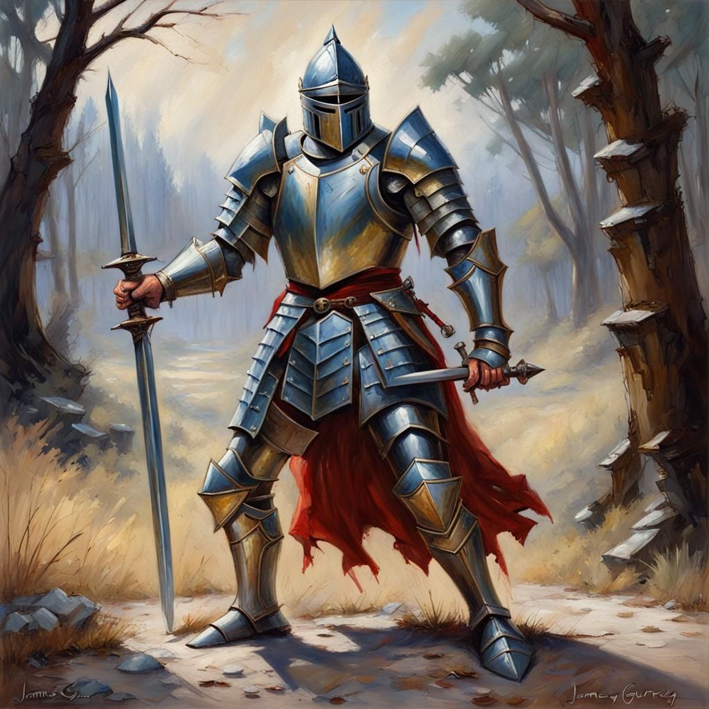 Fantasy Knight in Combat Stance, Oil Painting