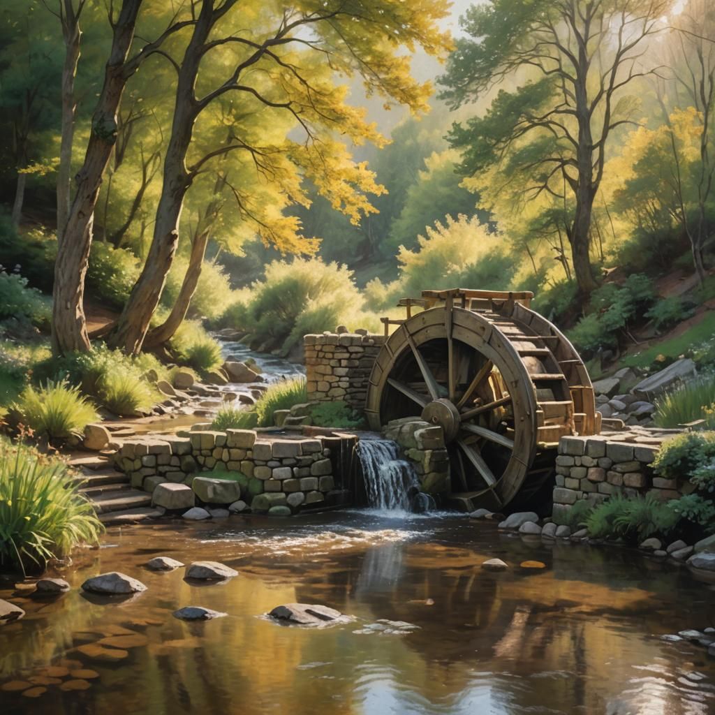 Impressionist Waterwheel in Mountain Stream