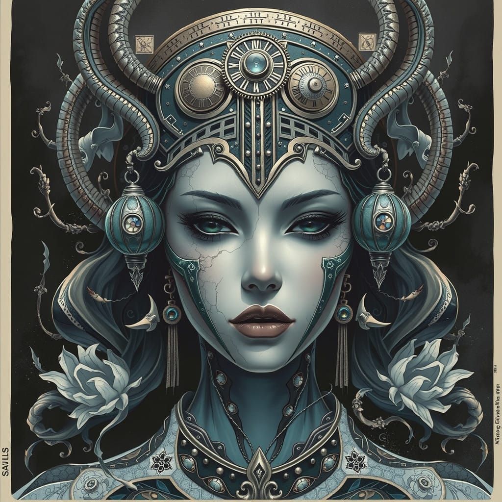 Enigmatic Dark Sorceress Emerges from Misty Veil in Cyberpun...