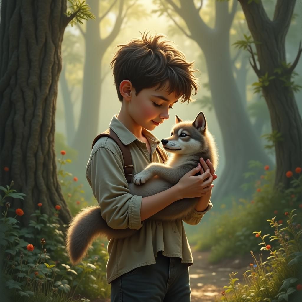 Boy Cradling Wolf Pup in Ethereal Landscape