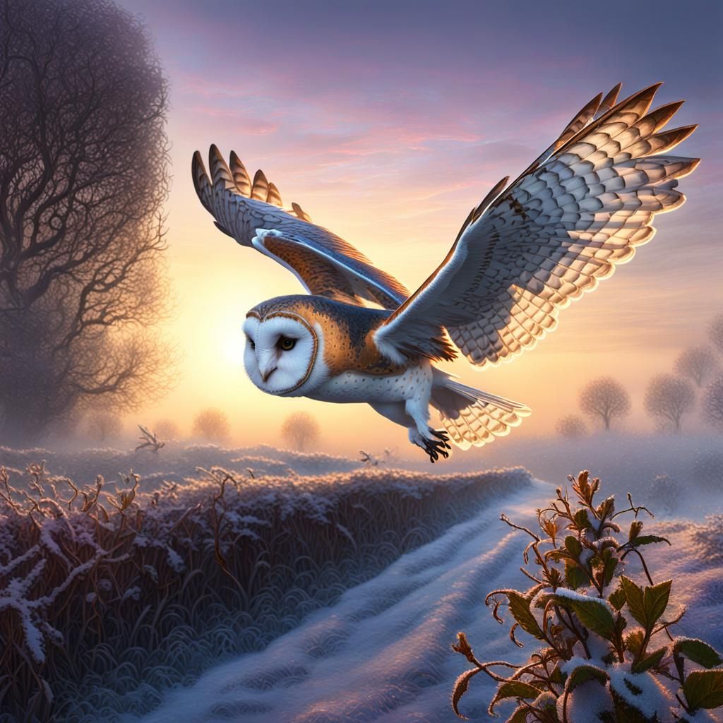 Majestic Barn Owl Soaring at Sunrise: Dark Fantasy Art