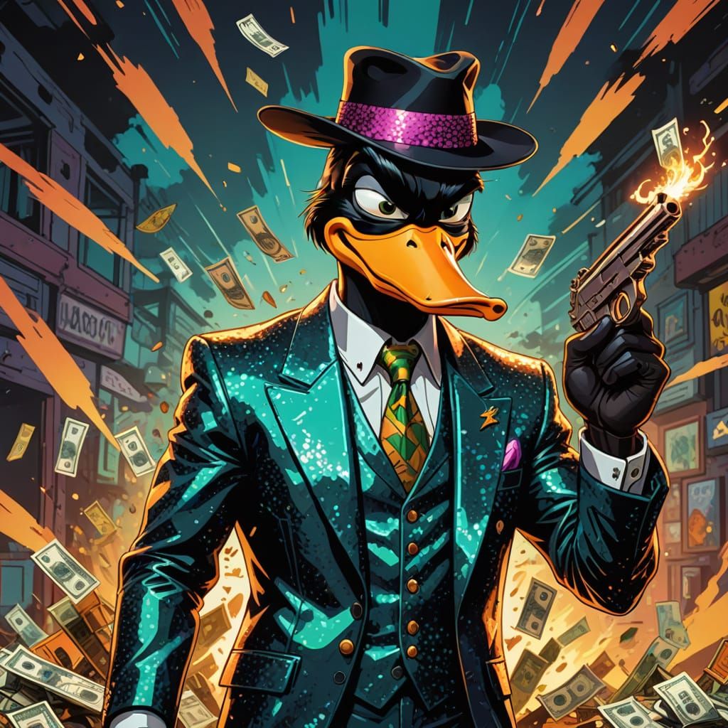 Vibrant Jamaican Gangster Daffy Duck in Sequin Suit