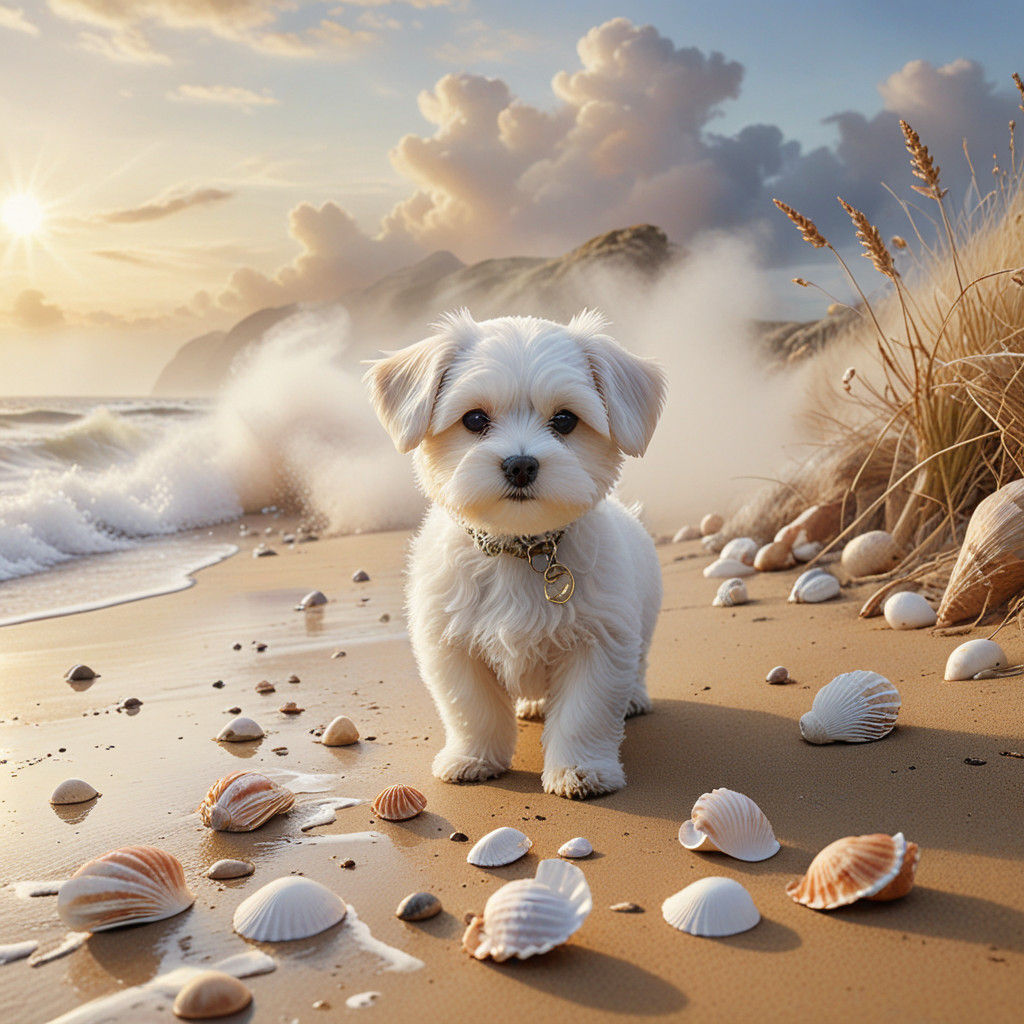 Whimsical Watercolor Beach Scene with a Maltese Puppy