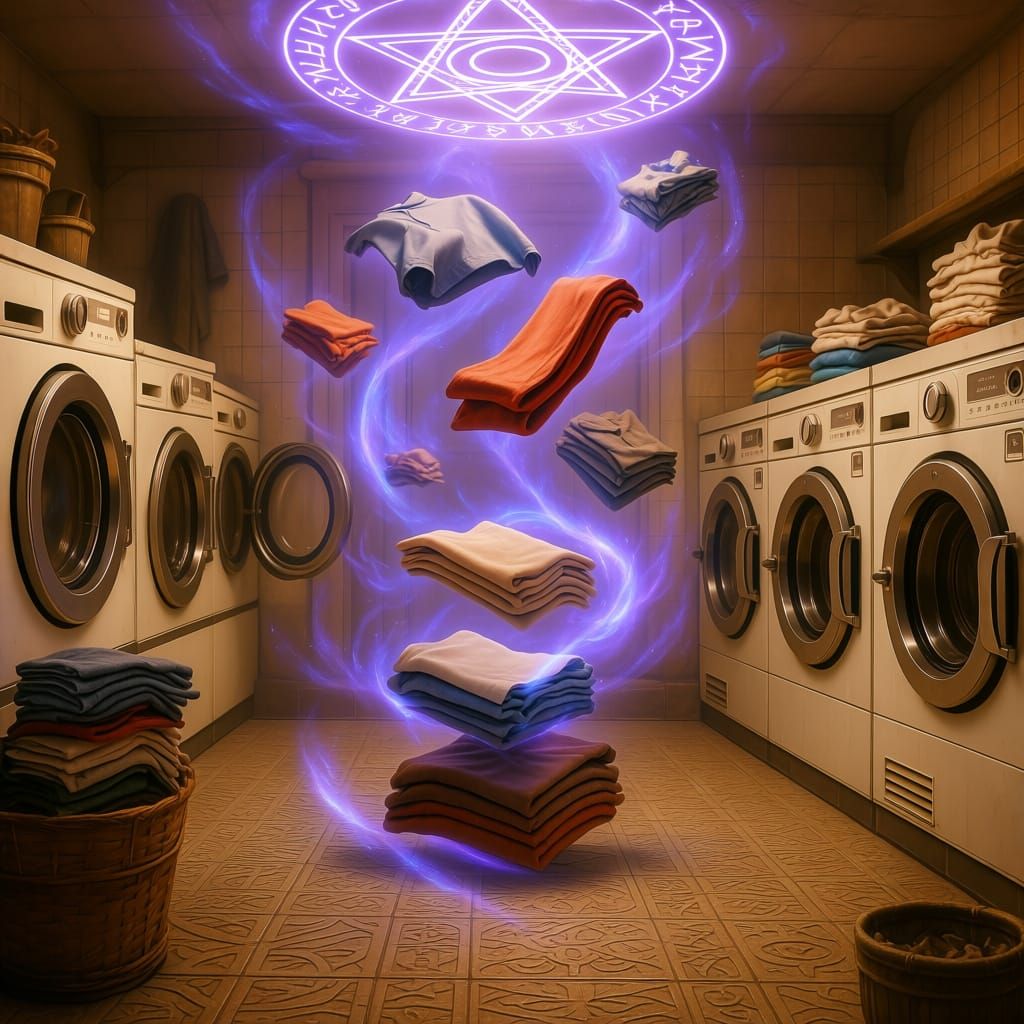 Magical Laundry Room with Self-Folding Clothes and Glowing R...