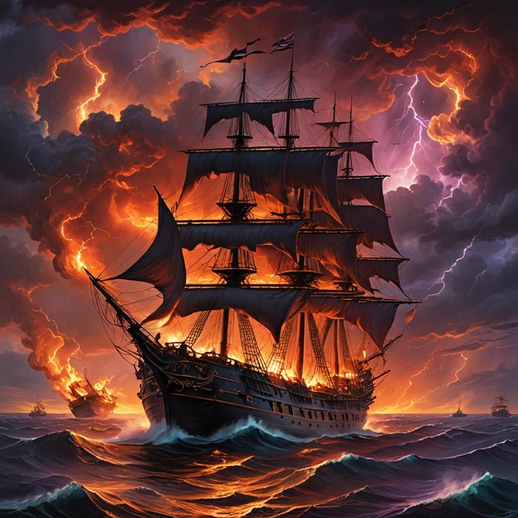 Burning Ghost Ship on Ominous Seas