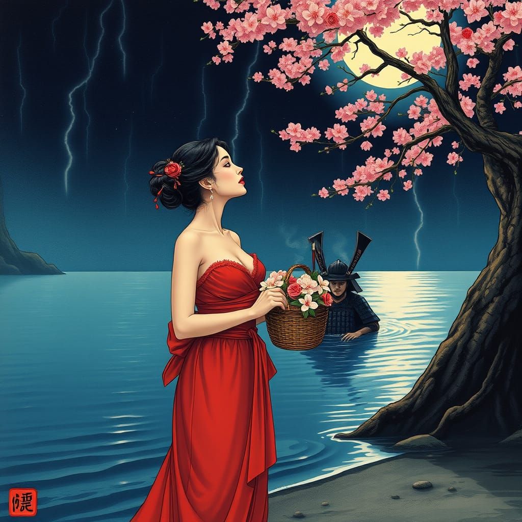 Elegant Japanese Woman Gazing at Samurai Warrior under Sakur...