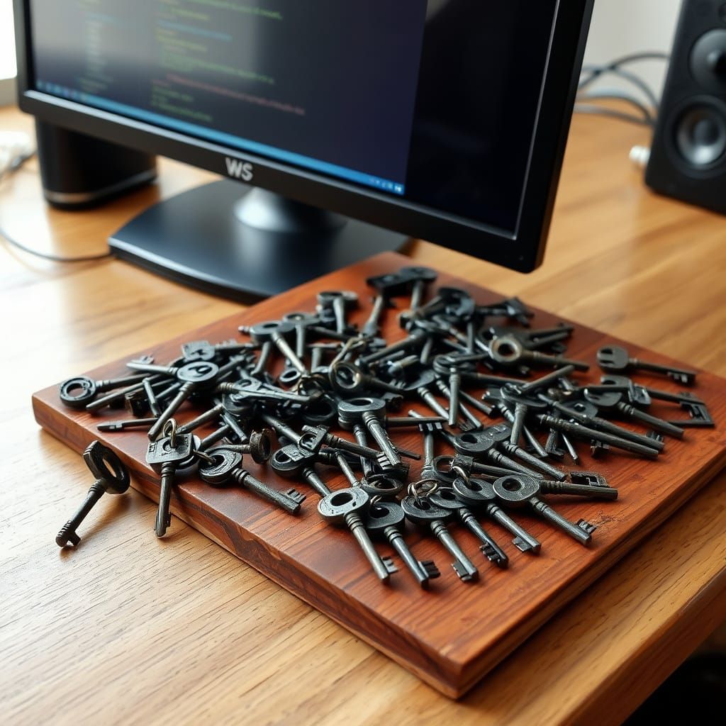 Antique Keys Scatter Across Wooden Cutting Board Next to Mod...
