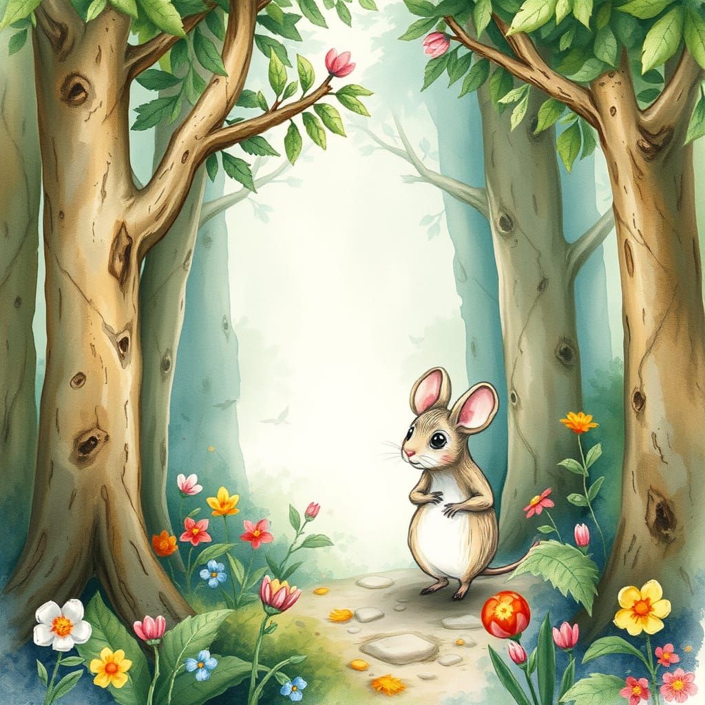 Mouse in Whimsical Forest, Watercolor Style
