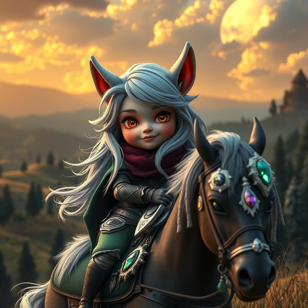 Chibi Gnome Rides Pony in Ethereal Landscape