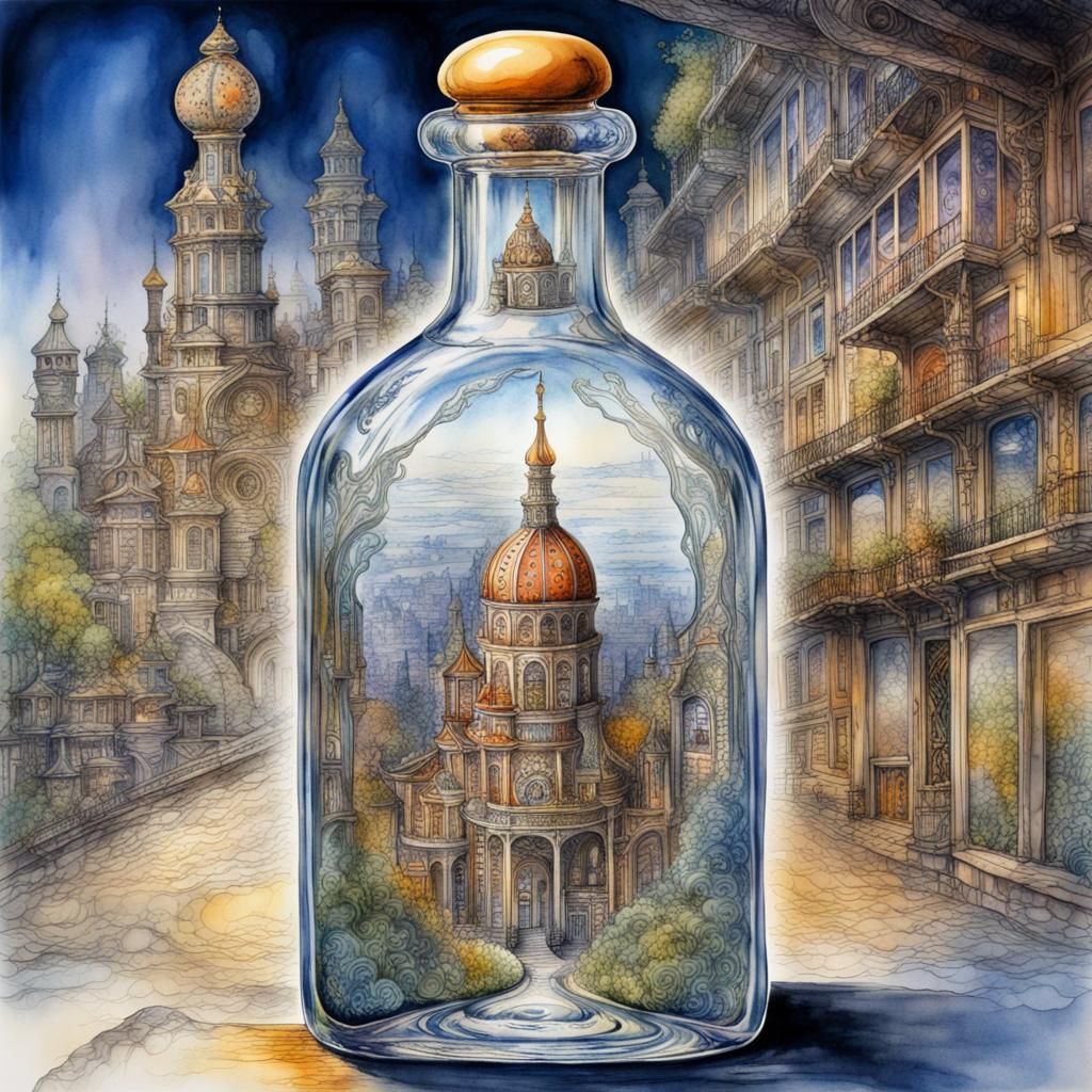 Surreal City in Glass Bottle, Watercolor Sketch